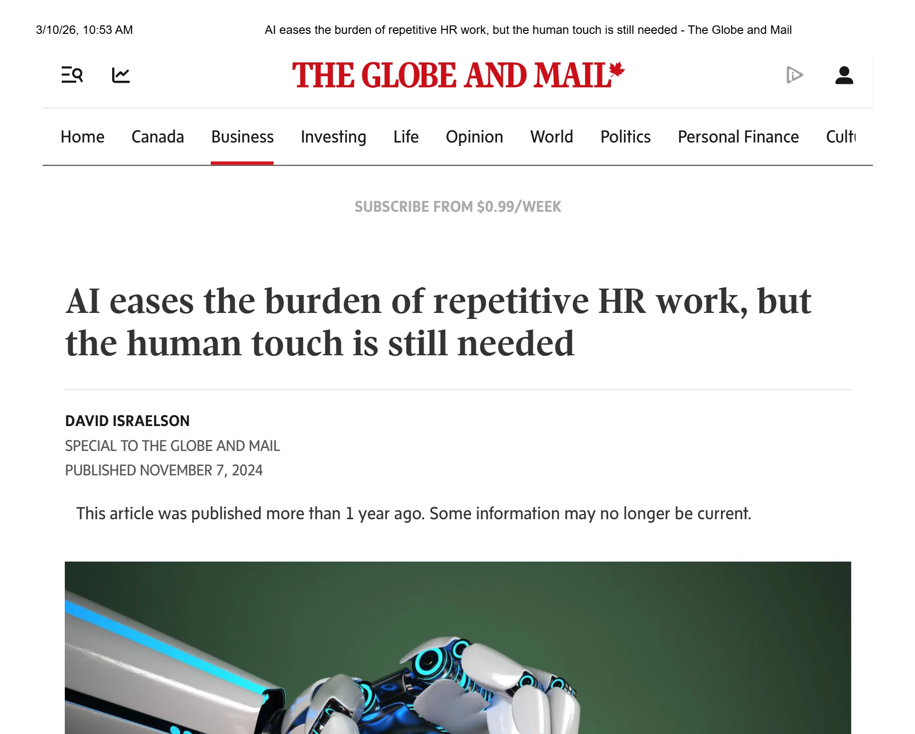 AI Eases the Burden of Repetitive HR Work — Globe and Mail